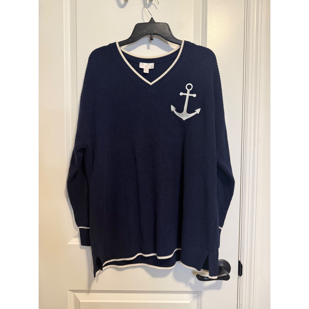 Belle Kim Gravel Sweater Women 1X Navy Blue Excellent Anchor Nautical Coastal